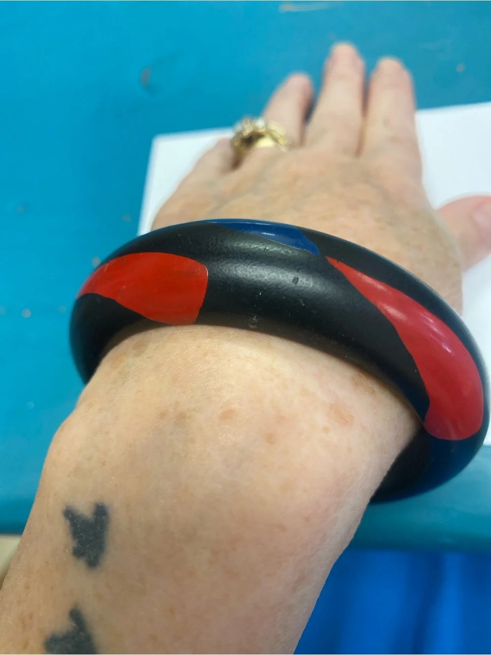 Vintage Black Resin Bangle Bracelet with Red and Blue Inlay